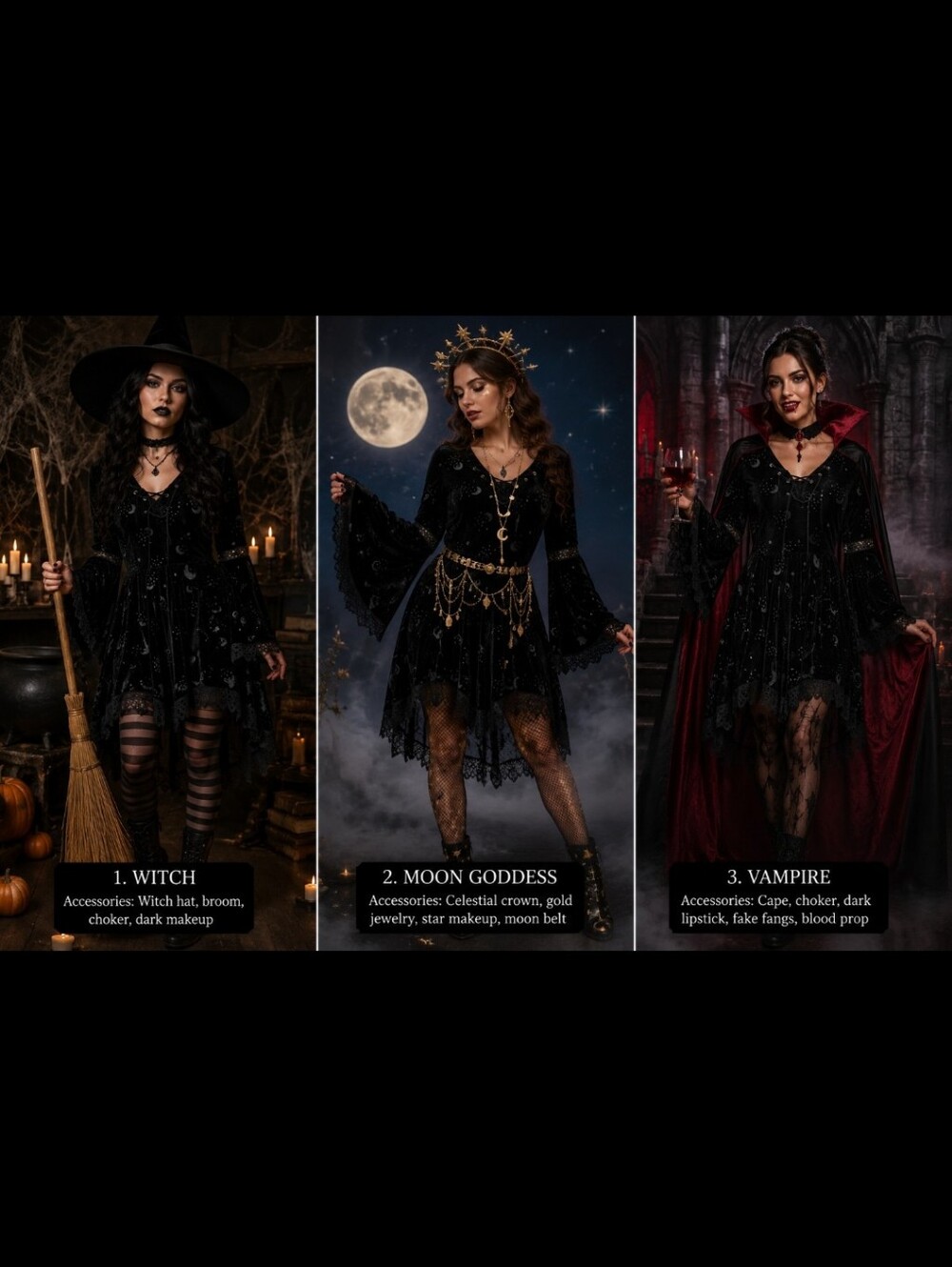 Celestial Coven Black Velvet Moon & Star Lace-Trim Hooded Dress Size Medium - Picture 11 of 11